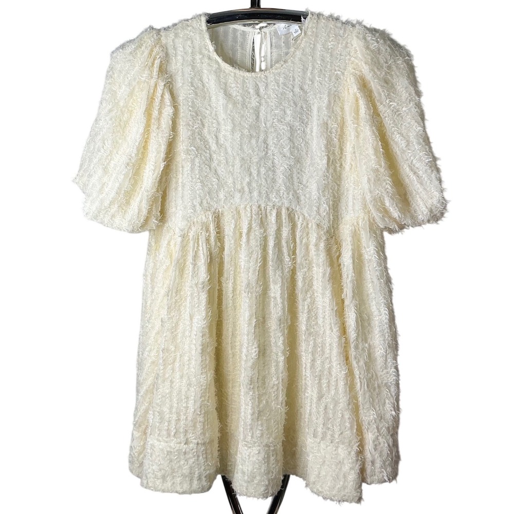 Cream Textured Puff Sleeve Babydoll Mini Dress Cottagecore Boho Size M Amable